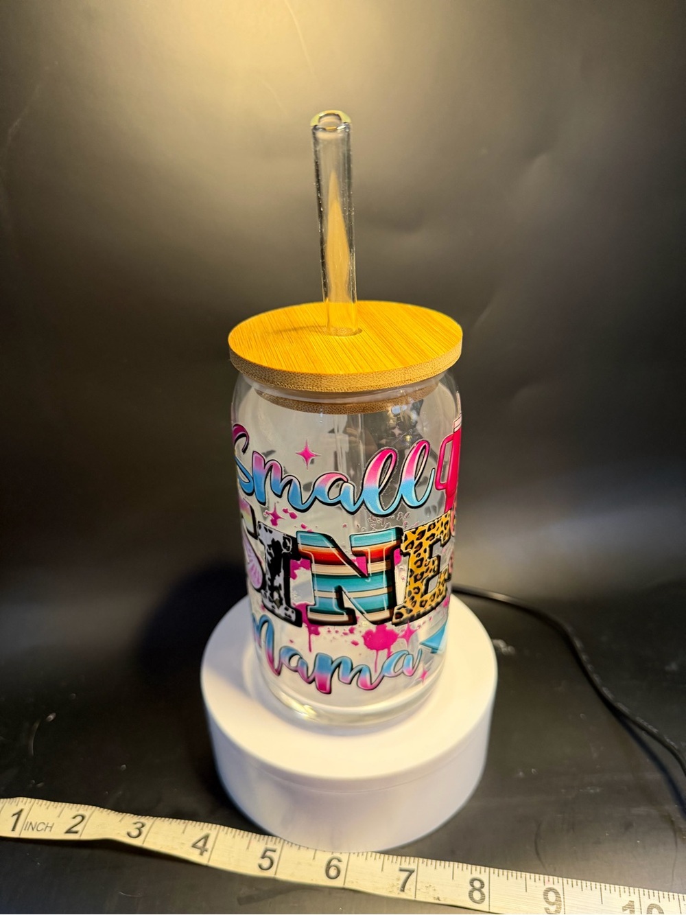 Colorful 'Small Town Mama' Glass Tumbler with Bamboo Lid and Straw